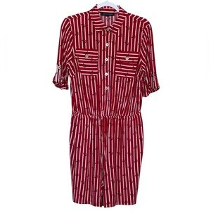Tommy Hilfiger Red Striped Blue Anchors Print Romper W/ Pockets Size S